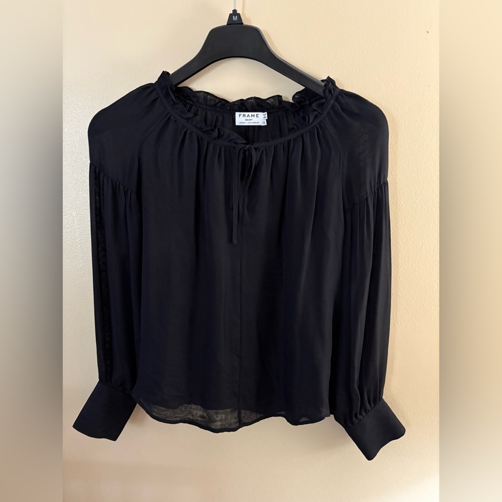 Frame Women’s Black Chiffon Silk Sheer Long Sleeve Blouse XS Double Cloth